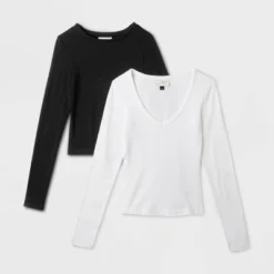 Women's 2pk Long Sleeve Shrunken Rib T-Shirt - Universal Thread™ White/Black -Universal Thread GUEST 247dd87c 3f9f 42d2 aba2 82da81353f54