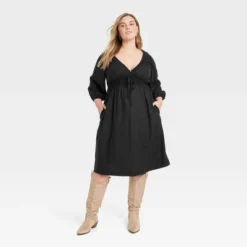 Women's Tie-Front Puff 3/4 Sleeve Midi Dress - Universal Thread™ -Universal Thread GUEST 3444d1d9 2fac 4952 a65d b6266b5a485e