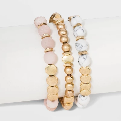 Semi-Precious White Howlite & Sunstone Stretch Multi-Strand Bracelet Set - Universal Thread™ Worn Gold 3 Semi-Precious White Howlite & Sunstone Stretch Multi-Strand Bracelet Set - Universal Thread™ Worn Gold